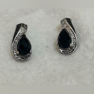 Onyx and Diamond Earrings in Silver Setting